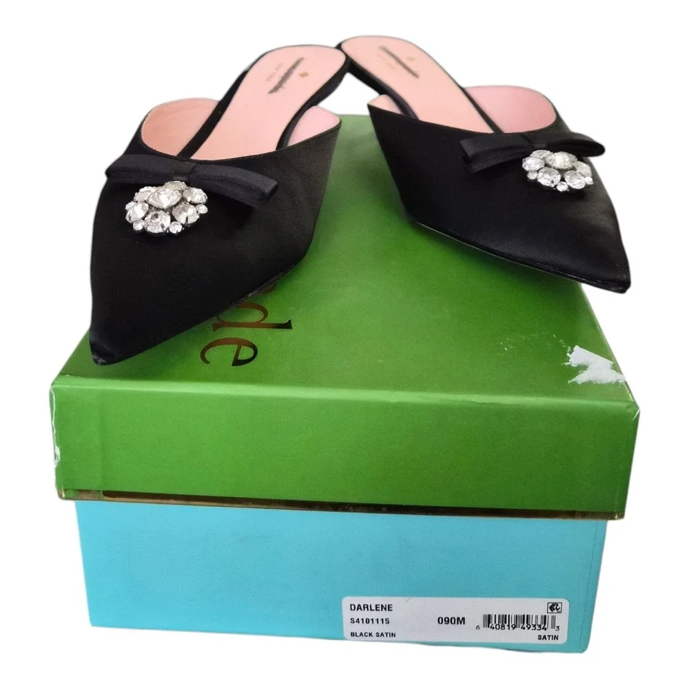 Kate Spade Darlene Satin‎ Mules Black Pointed Toe Size 9 Classic - Picture 2 of 9